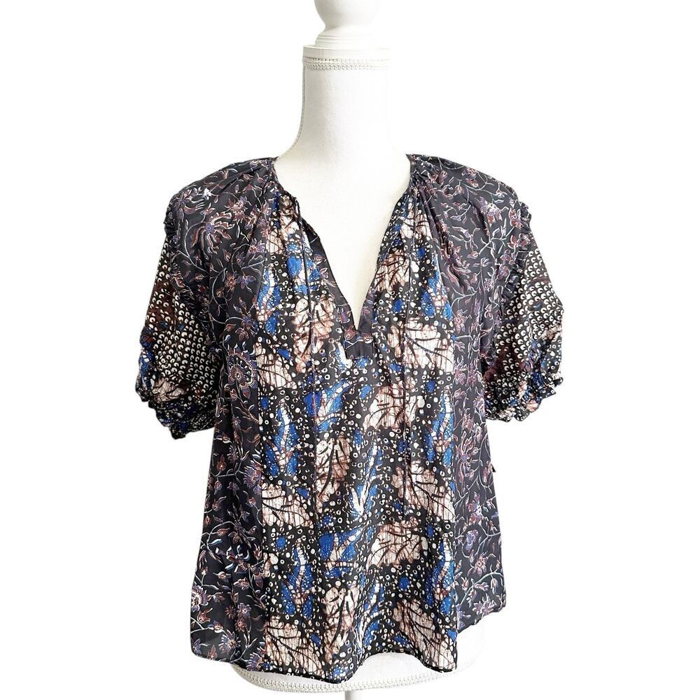 NWT Ulla Johnson Womens‎ Arusi Top in Batik Size 0 Boho Peasant Tie Split Neck